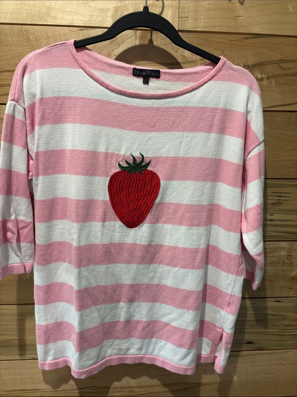 bua/bua Pink & White Striped Crewneck Sweater with Strawberry Appliqué